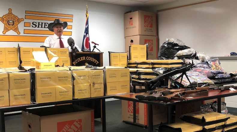 Butler County Sheriff Richard K. Jones said more than $3 million in drugs and guns were seized Tuesday in Butler County. One man has been arrested and charged with two felonies. RICK McCRABB/STAFF