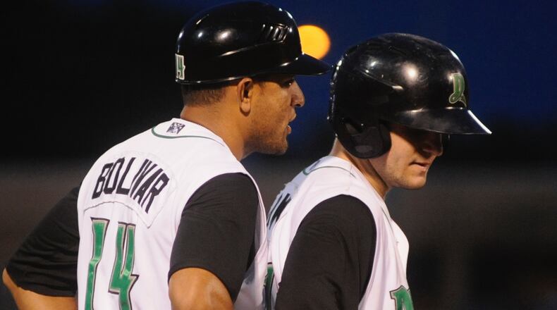 Dragons hitting and third-base coach Luis Bolivar (left) and Chris Okey. The Dragons defeated the visiting Fort Wayne TinCaps (Padres) 3-2 in a Class A minor-league baseball game at Dayton's Fifth Third Field on Tuesday, Aug. 16, 2016. MARC PENDLETON / STAFF