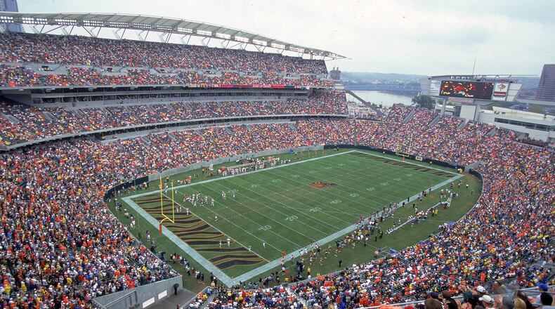 A general view of the football field taken from the stadium during a game between the Cincinnati Bengals and the Cleveland Browns at the Paul Brown Stadium in Cincinnati on Sept. 10, 2000. The Browns defeated the Bengals 24-7 in the first game at Paul Brown Stadium. Jonathan Daniel /Allsport