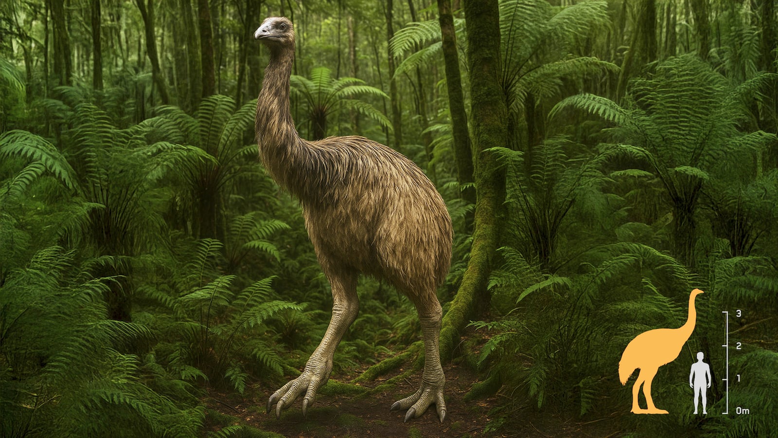 A depiction is represented of the largest species of moa, the South Island giant moa, which once could stand 12 feet (3.6 meters) tall. (Courtesy of Colossal Biosciences via AP)