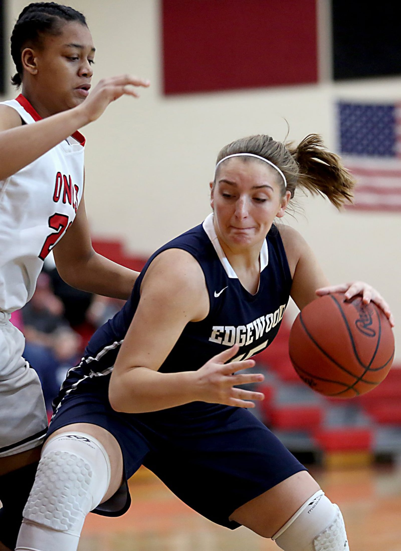 Edgewood forward Kayla Curtis tries to work inside against Mt. Healthy’s Kimara Richard on Saturday afternoon at Mt. Healthy. CONTRIBUTED PHOTO BY E.L. HUBBARD