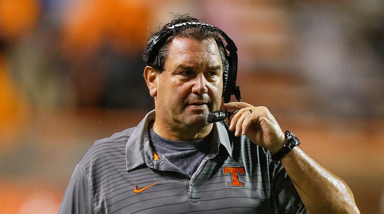 KNOXVILLE, TN - NOVEMBER 18: Interim head coach Brady Hoke of the Tennessee Volunteers looks on against the LSU Tigers during the first half at Neyland Stadium on November 18, 2017 in Knoxville, Tennessee. (Photo by Michael Reaves/Getty Images)