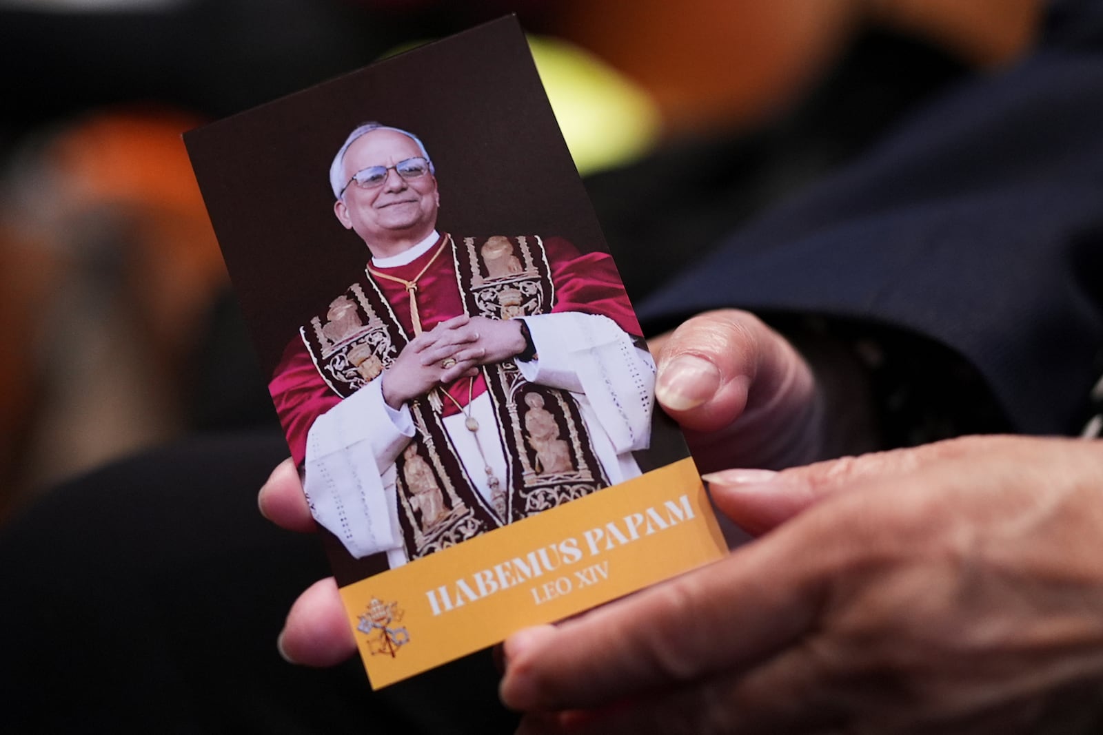 Grace Mellor prays as she holds a brochure that reads "A prayer of thankfulness for the election of Pope Leo XIV" during a mass at Holy Name Cathedral in Chicago, Sunday, May 11, 2025. (AP Photo/Nam Y. Huh)