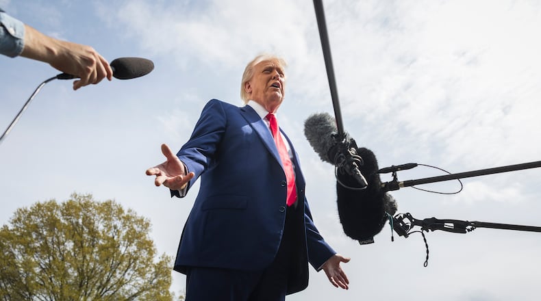 President Donald Trump speaks to reporters before boarding Marine One outside the White House in Washington, on Thursday, April 3, 2025. As financial markets recoiled for a second day and China said that it would hit the United States with its own punishing tariffs, President Donald Trump on Friday sounded a defiant note about his approach, promising that “MY POLICIES WILL NEVER CHANGE.” (Tom Brenner/The New York Times)