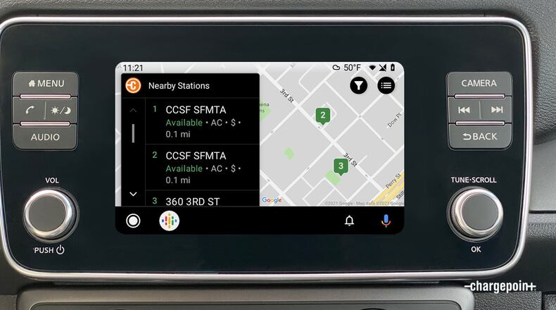 Android Auto compatibility brings essential charging functionality directly into the vehicle, helping drivers easily find nearby stations and more. (Photo: ChargePoint)