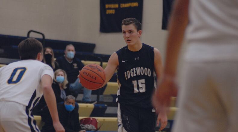 Edgewood’s Caleb Allen scored a school-record 47 points in an overtime win over Monroe on Tuesday, Dec. 1, 2020. Contributed by Chris Vogt/Butler County High School Sports Report.