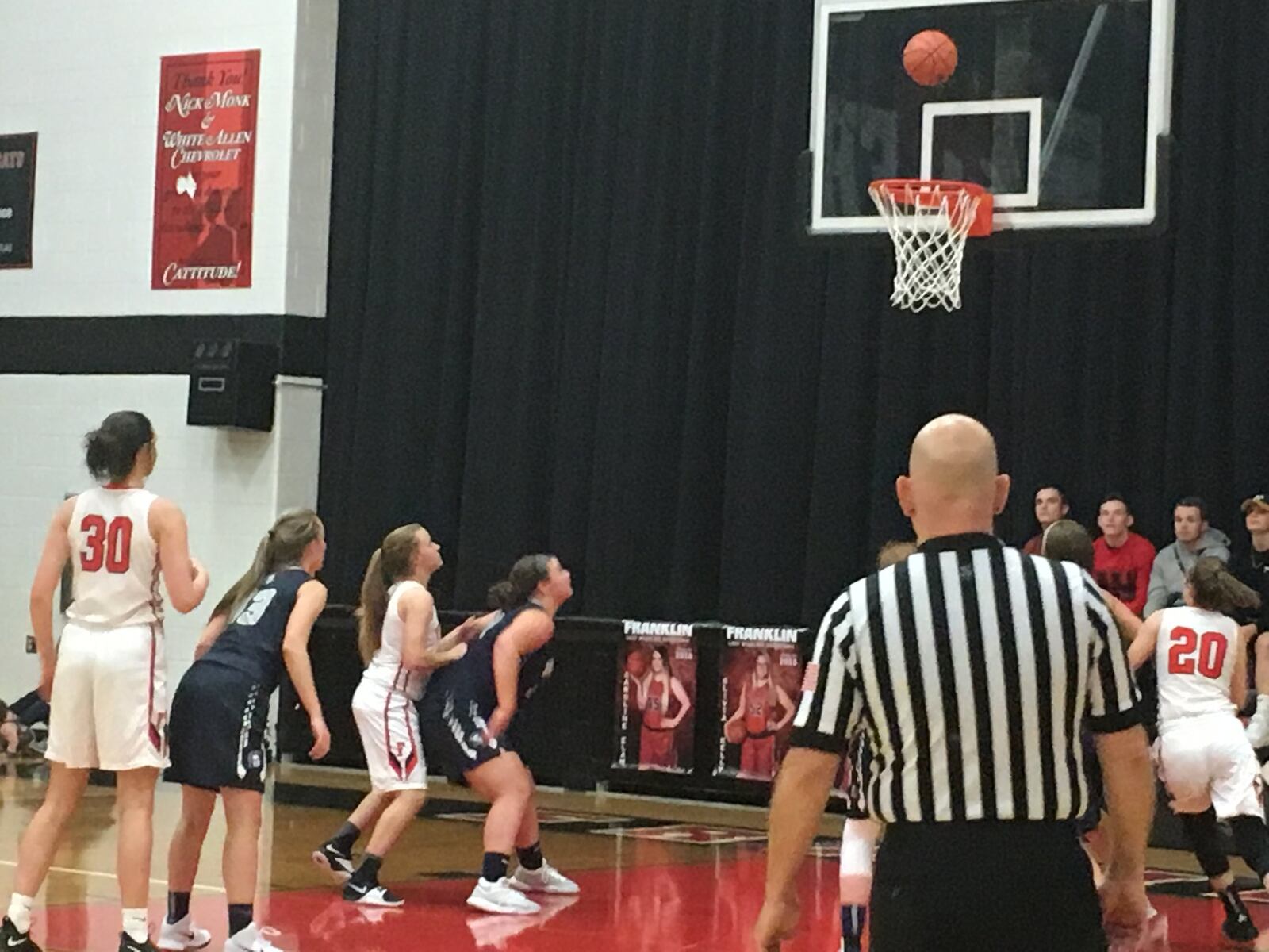 Franklin’s Layne Ferrell (30) watches one of her free throws as it heads toward the basket during Thursday night’s game against visiting Valley View. Ferrell was 12 of 12 from the foul line and scored 23 points. RICK CASSANO/STAFF