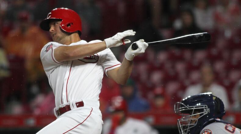The Reds’ Nick Senzel drives in two runs with a single in the fifth against the Astros on Monday, June 17, 2019, at Great American Ball Park in Cincinnati. David Jablonski/Staff