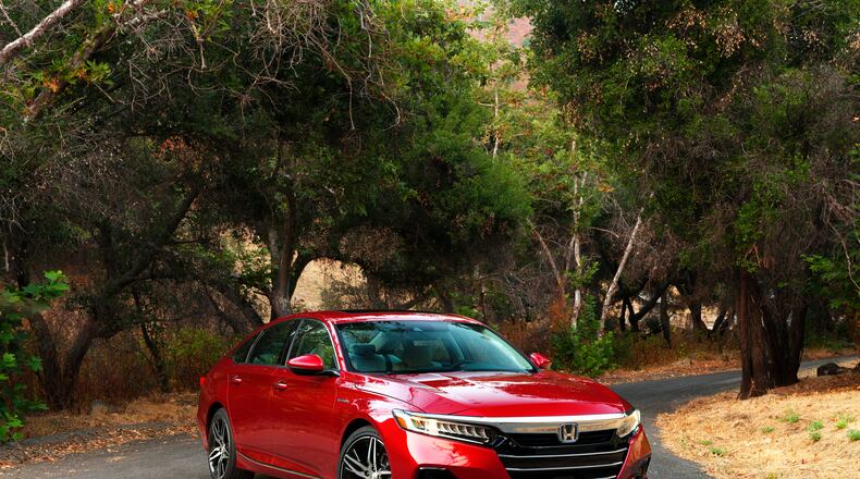 This photo provided by Honda shows the 2021 Accord. The Accord receives a few updates for 2021, including revised styling. (James Halfacre/Courtesy of American Honda Motor Co. via AP)