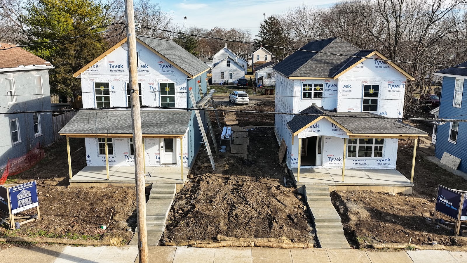 Construction continues on the first two “Build Back the Block” homes on East Ave. in Hamilton. These are part of a major housing and neighborhood reinvestment initiative in Hamilton, first announced by City Manager Craig Bucheit in late 2024. NICK GRAHAM/STAFF