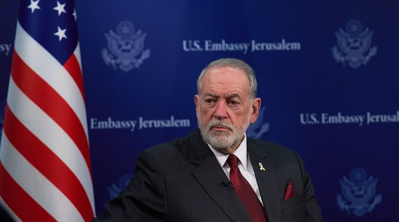 FILE - U.S. Ambassador to Israel Mike Huckabee is seen during an interview in Jerusalem, Wednesday, Aug. 20, 2025. (AP Photo/Ohad Zwigenberg, File)