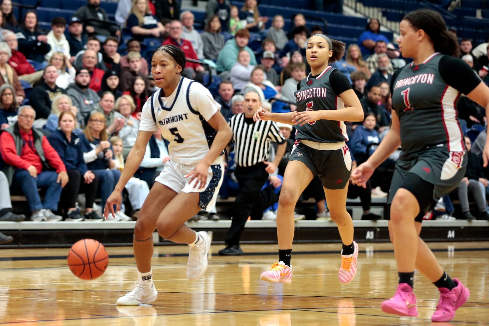 Fairmont senior Kaylah Thornton brings the ball up the floor. Fairmont defeated Princeton 57-47 on Monday, Feb. 2, 2026, in Kettering. STEVEN WRIGHT / STAFF
