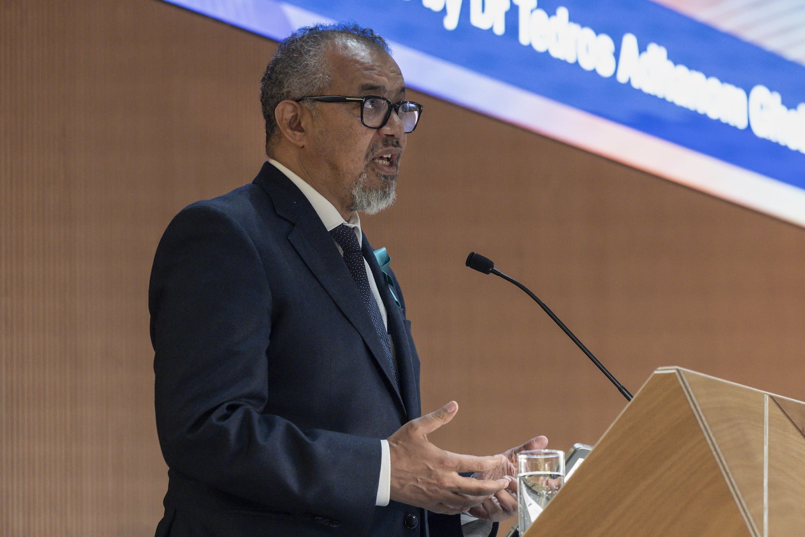 Director General of the World Health Organization (WHO) Tedros Adhanom Ghebreyesus delivers his statement, during the opening of the 78th World Health Assembly at the European headquarters of the United Nations in Geneva, Switzerland, Monday, May 19, 2025. (Magali Girardin/Keystone via AP)