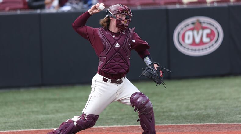 Eastern Kentucky University junior catcher Alex Holderbach prepares to make a throw during the 2018 campaign. PHOTO COURTESY OF EKU ATHLETICS