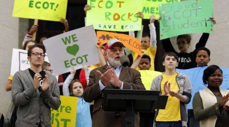 ECOT founder Bill Larger speaks during an ECOT rally at the Ohio Statehouse this afternoon in Columbus, Ohio on Tuesday, May 9, 2017.