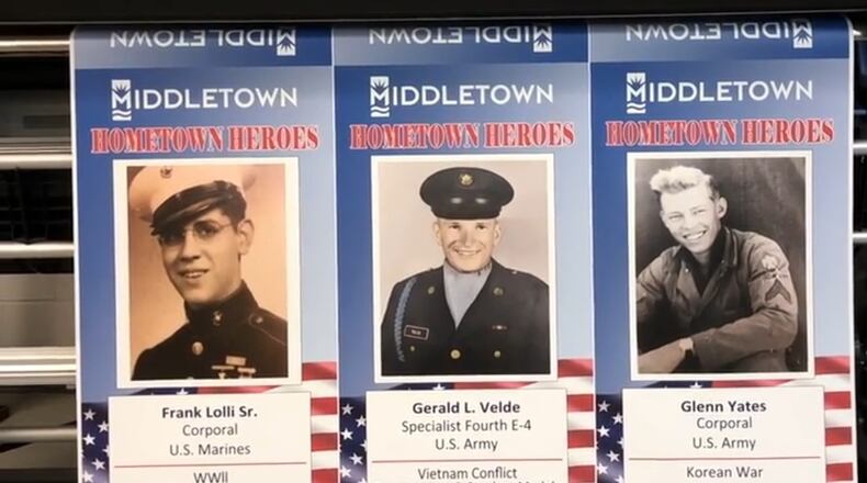 Hometown Heroes banners will be hung along Central Avenue from Charles Street to Main Street in Middletown. They were sold for $115, at cost, a city official said. CONTRIBUTED