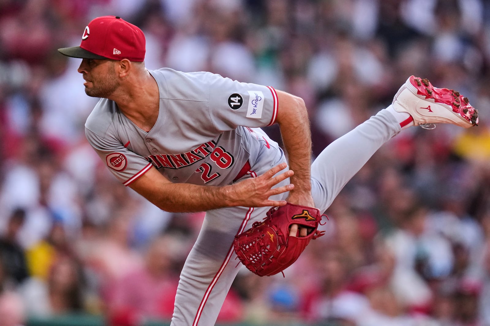 Cincinnati Reds pitcher Nick Martinez delivers against the Boston Red Sox during the first inning of a baseball game at Fenway Park, Wednesday, July 2, 2025, in Boston. (AP Photo/Charles Krupa)