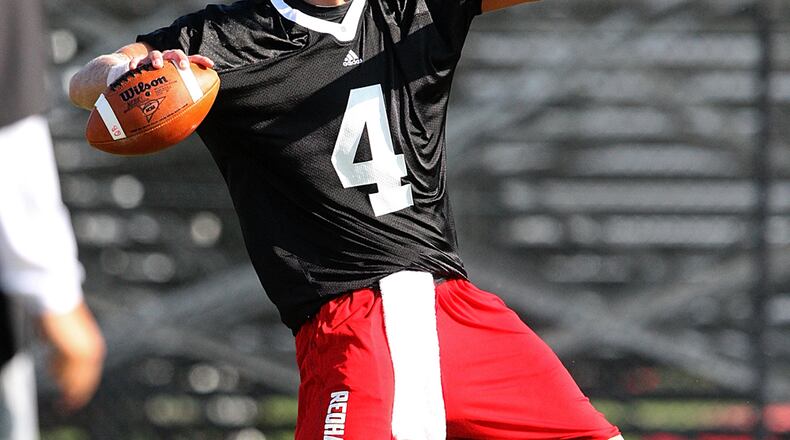Zac Dysert (4) of the Miami RedHawks, throws a pass during the first team practice of the summer, Saturday, August 7, 2010, at Miami University, in Oxford.