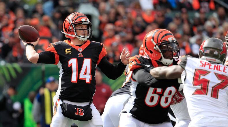 CINCINNATI, OH - OCTOBER 28: Andy Dalton #14 of the Cincinnati Bengals throws the ball against the Tampa Bay Buccaneers at Paul Brown Stadium on October 28, 2018 in Cincinnati, Ohio. (Photo by Andy Lyons/Getty Images)