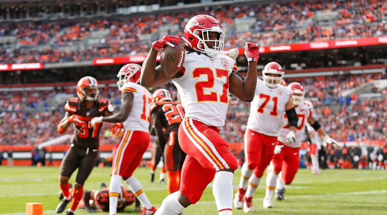 CLEVELAND, OH - NOVEMBER 04: Kareem Hunt #27 of the Kansas City Chiefs scores a touchdown during the third quarter against the Cleveland Browns at FirstEnergy Stadium on November 4, 2018 in Cleveland, Ohio. (Photo by Kirk Irwin/Getty Images)
