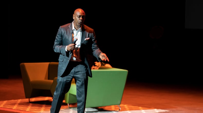 Dave Chappelle performs during a theater dedication ceremony honoring the comedian and actor, and to raise funds to support Duke Ellington School of the Arts in Washington, Monday, June 20, 2022. (AP Photo/Gemunu Amarasinghe)