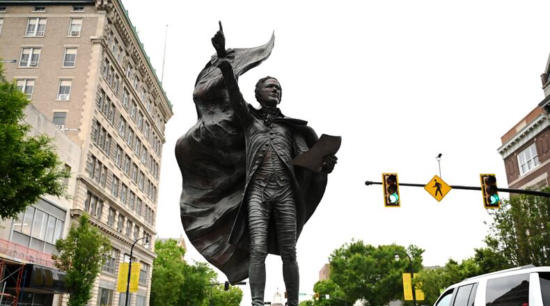 Pictured is The American Cape on Thursday, May 29, 2025, on High Street in downtown Hamilton. The American Cape is a sculpture of Alexander Hamilton, the Founding Father and namesake for the city of Hamilton, which was named as No. 4 best livable cities in Ohio by the U.S. News and World Report in May 2025. MICHAEL D. PITMAN/STAFF