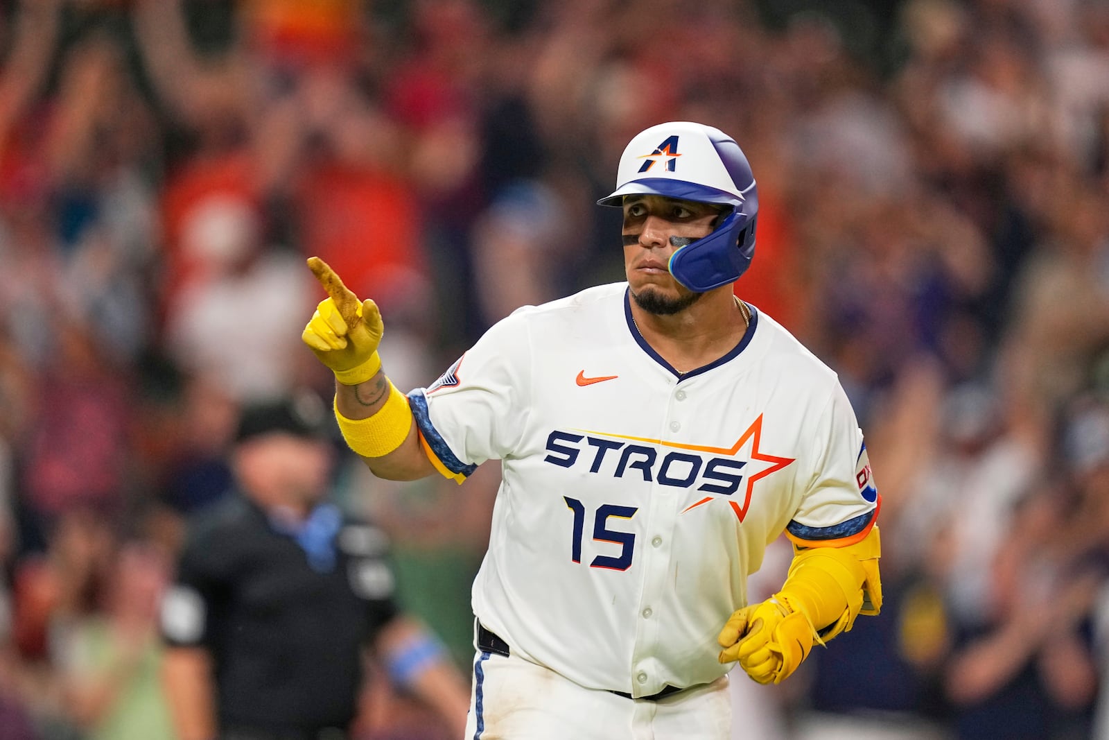 Houston Astros' Isaac Paredes celebrates after hitting a home run against the Cleveland Guardians during the fifth inning of a baseball game Monday, July 7, 2025, in Houston. (AP Photo/David J. Phillip)