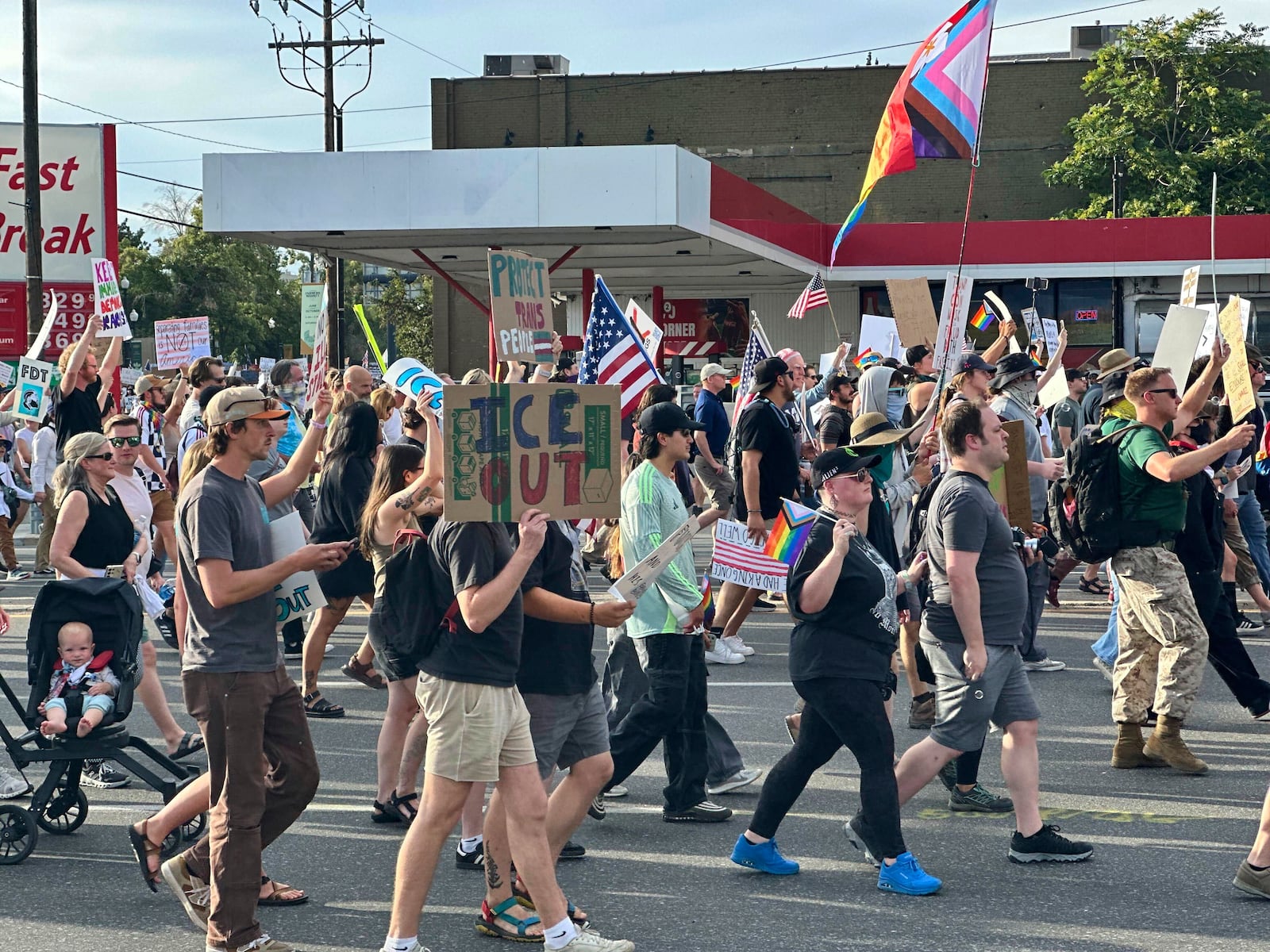 Demonstrators carry signs and chant while marching during a “No Kings” protest, Saturday, June 14, 2025, in Salt Lake City. (AP Photo/Amanda Barrett)