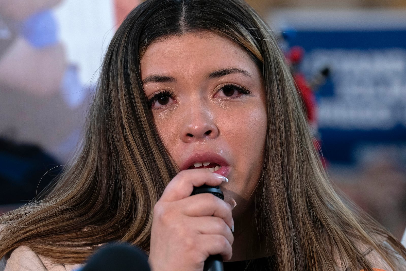 Jennifer Vasquez Sura, the wife of Kilmar Abrego Garcia of Maryland, who was mistakenly deported to El Salvador, speaks during a news conference at CASA's Multicultural Center in Hyattsville, Md., Friday, April 4, 2025. (AP Photo/Jose Luis Magana)