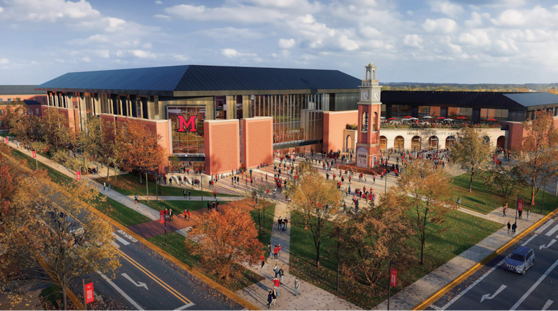 Rendering of the proposed Miami University Event District that may be located at the current Cook Field. ANDE DUROJAIYE/CONTRIBUTED