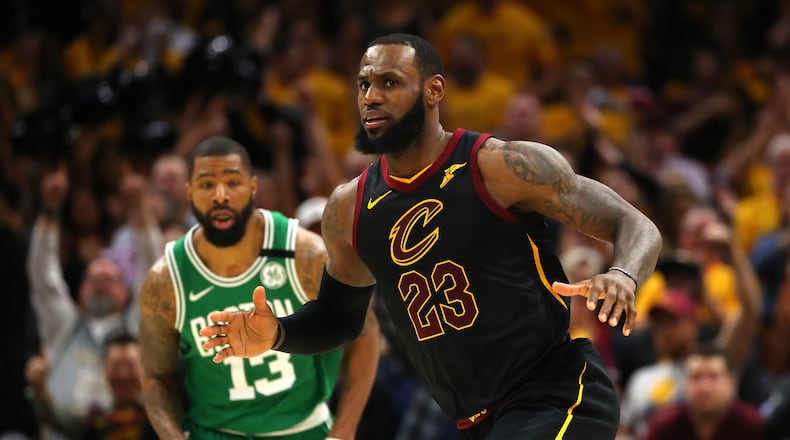CLEVELAND, OH - MAY 21:  LeBron James #23 of the Cleveland Cavaliers reacts after a play in the fourth quarter against the Boston Celtics during Game Four of the 2018 NBA Eastern Conference Finals at Quicken Loans Arena on May 21, 2018 in Cleveland, Ohio. NOTE TO USER: User expressly acknowledges and agrees that, by downloading and or using this photograph, User is consenting to the terms and conditions of the Getty Images License Agreement.  (Photo by Gregory Shamus/Getty Images)