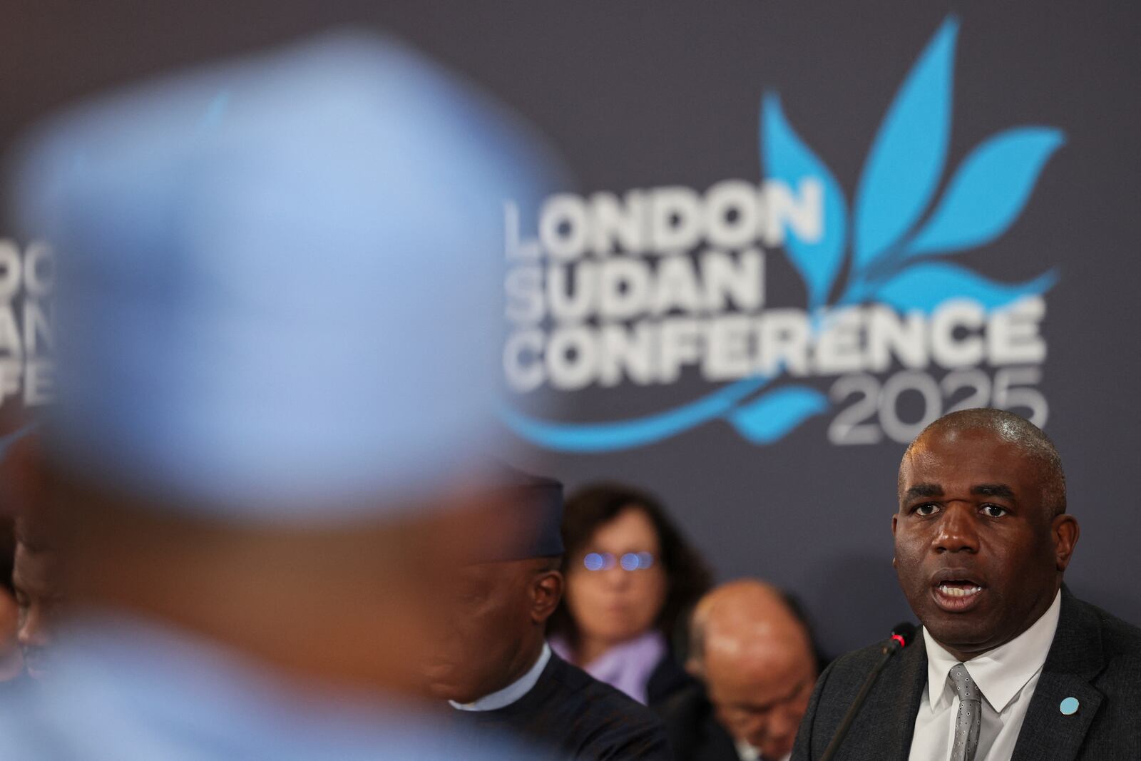 Britain's Foreign Secretary David Lammy delivers opening remarks during the London Sudan conference at Lancaster House in London, Tuesday, April 15, 2025. (Isabel Infantes/Pool Photo via AP)