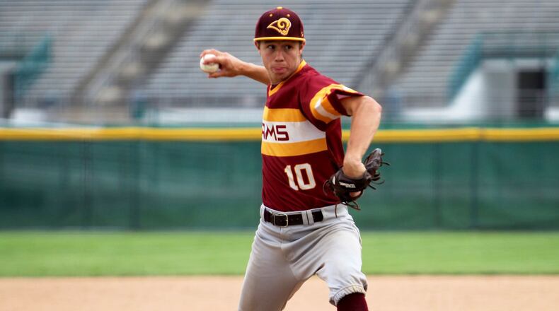 Cooper Shields of Ross prepares to throw a pitch Sunday during the Rams’ 6-0 loss to Chaminade Julienne in a Division II regional baseball final at Mason. MIKE HARTSOCK/STAFF