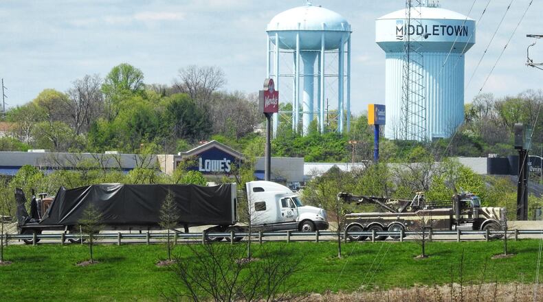 A semitruck and coil blocked the northbound ramp from east Ohio 122 onto I-75 North on Friday, April 16, 2021. NICK GRAHAM / STAFF