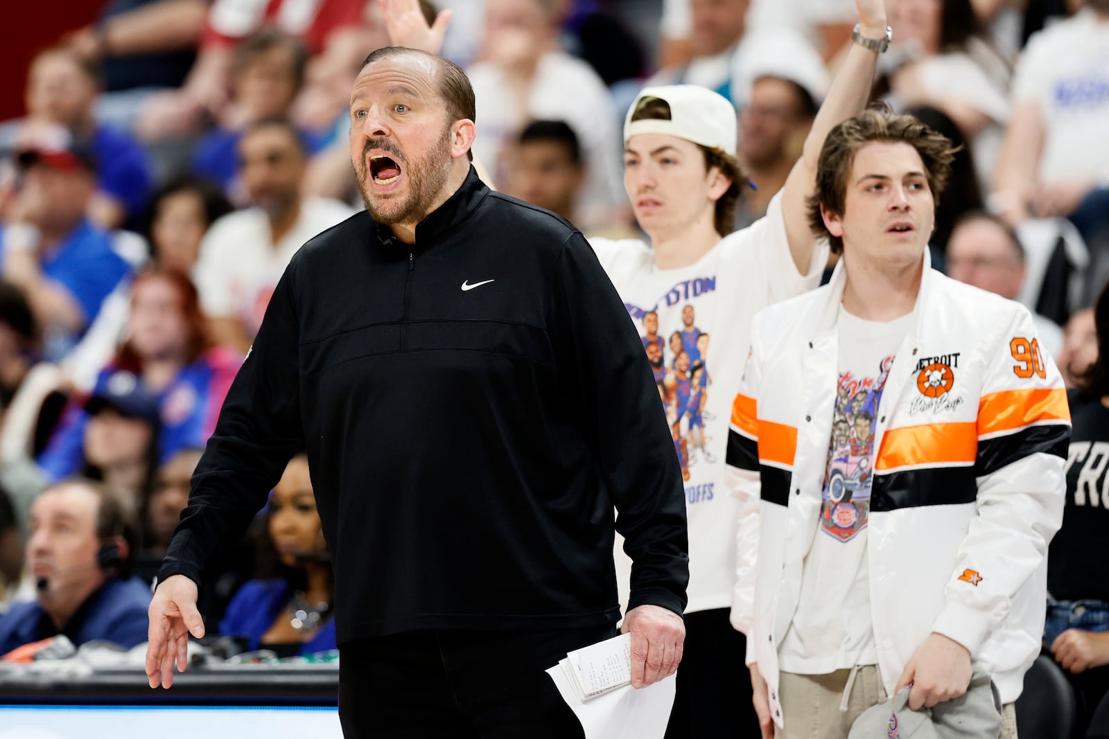 New York Knicks head coach Tom Thibodeau shouts to his team during the first half of Game 3 of an NBA basketball first-round playoff series against the Detroit Pistons, Thursday, April 24, 2025, in Detroit. (AP Photo/Duane Burleson)