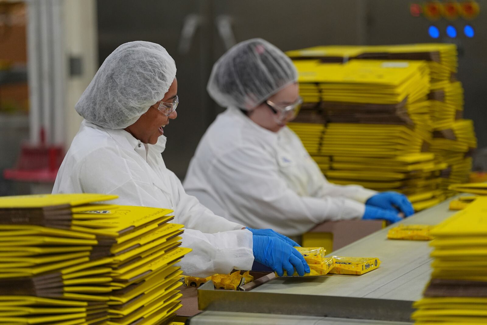 Workers package Peeps marshmallow treats at the Just Born factory in Bethlehem, Pa., Thursday, April 10, 2025. (AP Photo/Matt Rourke)