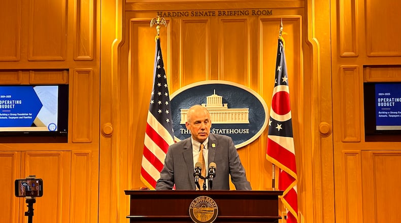 Ohio Senate President Matt Huffman, R-Lima, speaks to reporters after introducing the Senate's proposed budget for fiscal years 2024 and 2025.