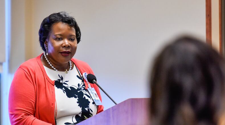 Anita Scott Jones with Atrium Medical Center speaks during the announcement of the new CenteringPregnancy program at Atrium Medical Center in Middletown. The program is a new effort in the community to help lower infant mortality rates. NICK GRAHAM/STAFF