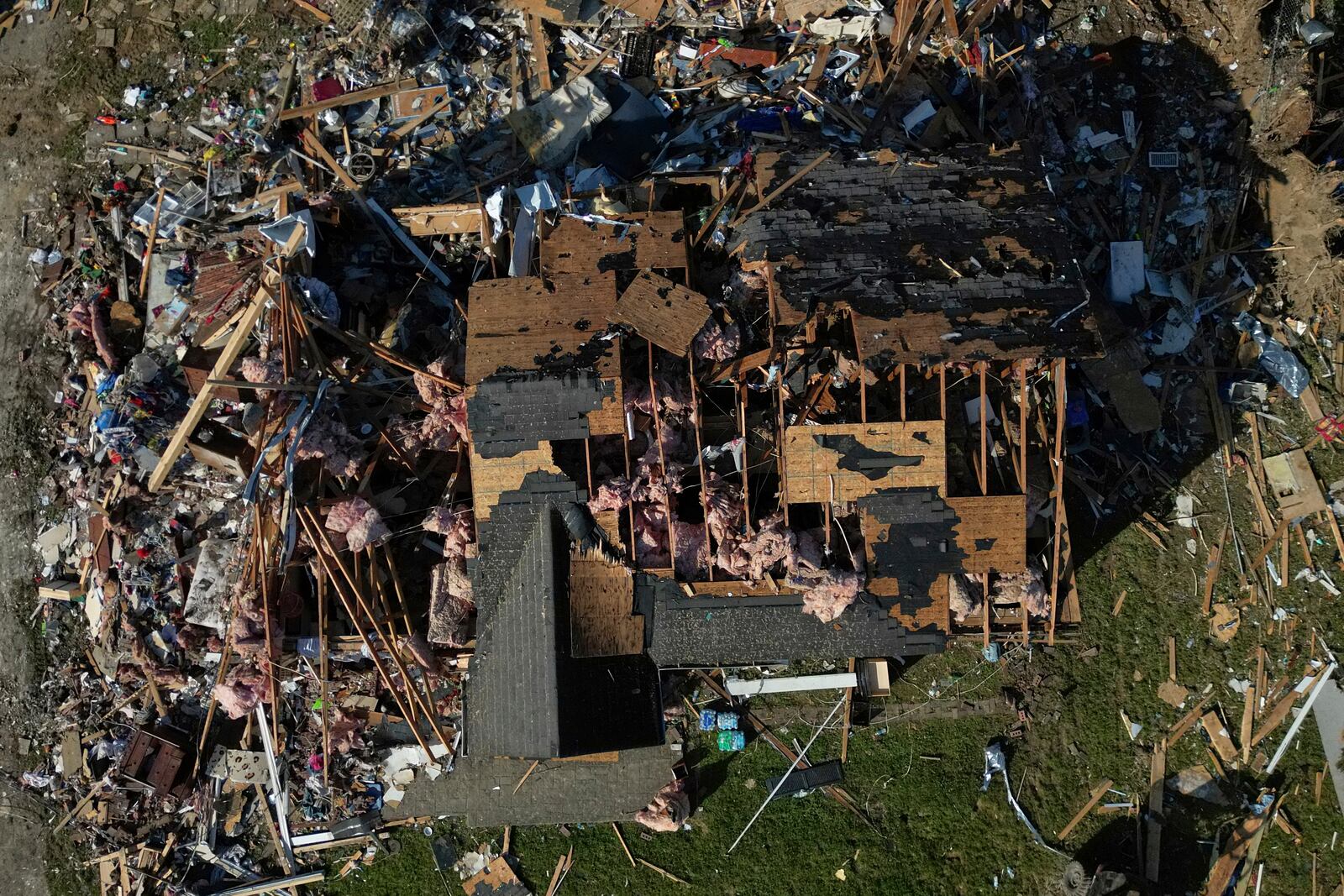 A destroyed home is seen from above, Sunday, May 18, 2025, in London, Ky., after a severe storm passed through the area. (AP Photo/Carolyn Kaster)