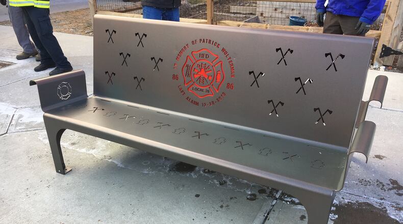 Boy Scout Daniel Nienaber constructed a bench to honor fallen firefighter Patrick Wolterman. It was dedicated on the second anniversary of Wolterman's death in Rotary Park.