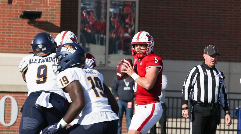 Miami quarterback Brett Gabbert looks for a receiver vs. Toledo at Yager Stadium on Oct. 21, 2023. Miami Athletics photo