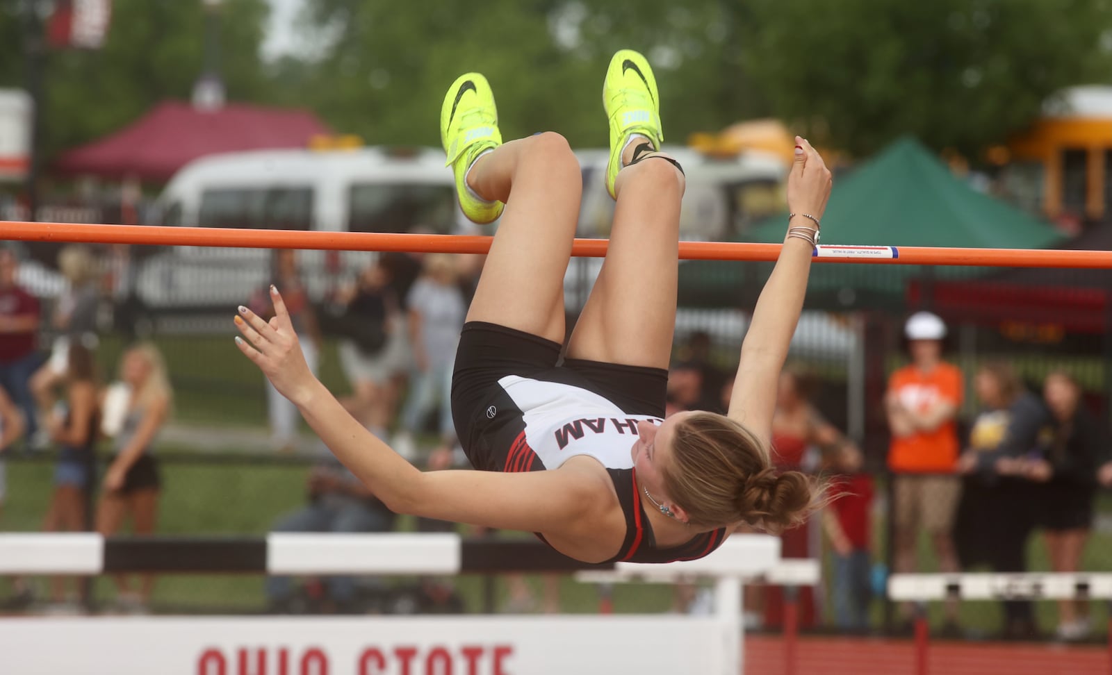 Graham's Taylor Aldredge competes in the high jump at the Division II state track and field championships on Friday, June 6, 2025, at Jesse Owens Memorial Stadium in Columbus.