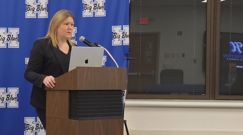 Hamilton City Schools Superintendent Andrea Blevins addresses the Board of Education on Friday, Jan. 16, 2026 regarding a budget plan that includes consolidations and building closures. NICK GRAHAM/STAFF