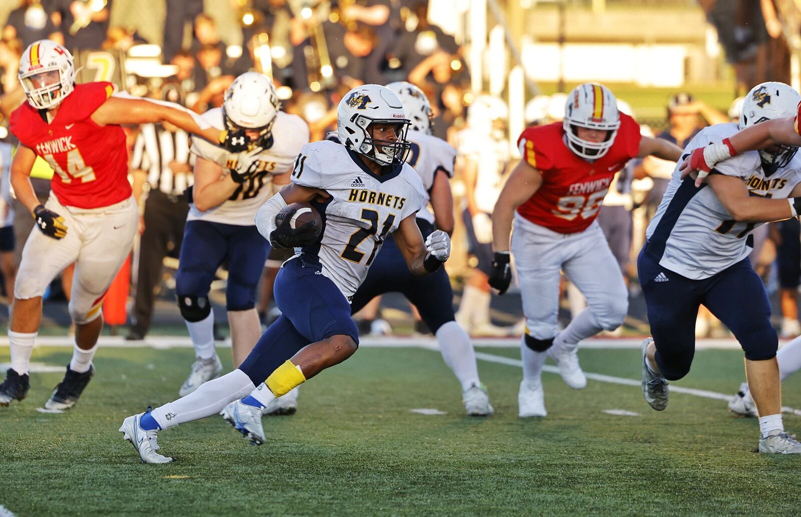 Monroe running back Noah Montgomery carries the ball during their football game against Fenwick Friday, Sept. 1, 2023 at Atrium Field in Lebanon. NICK GRAHAM/STAFF