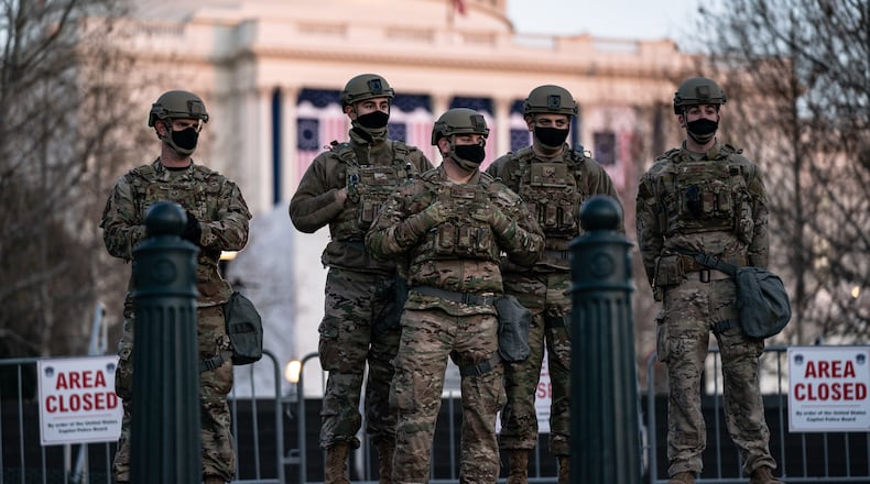 National Guard troops outside the Capitol in Washington on Tuesday, Jan. 12, 2020. Security experts have warned that some far-right extremist groups have now started to focus attention on Inauguration Day and are already discussing an assault similar to the one on the Capitol last week. (Anna Moneymaker/The New York Times)