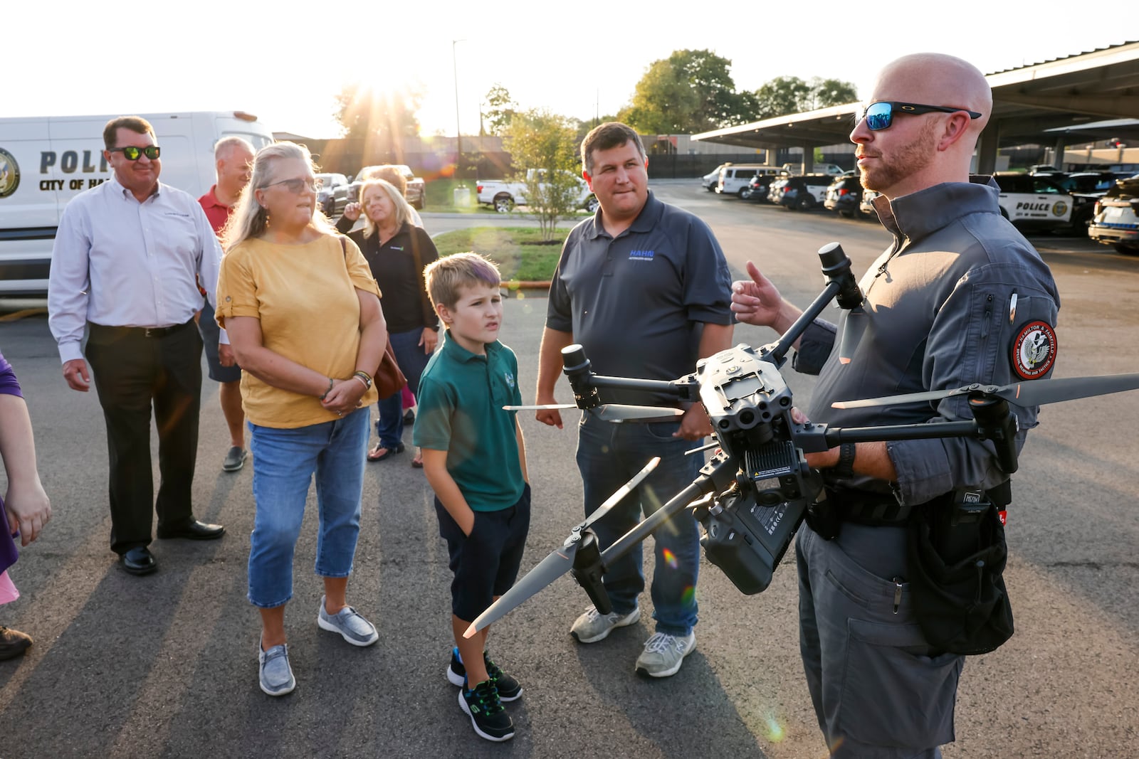 Hamilton Police officer Cody Rush does a drone demonstration during an invitation only open house of their new police station Thursday, Sept. 25, 2025 in Hamilton.  NICK GRAHAM/STAFF