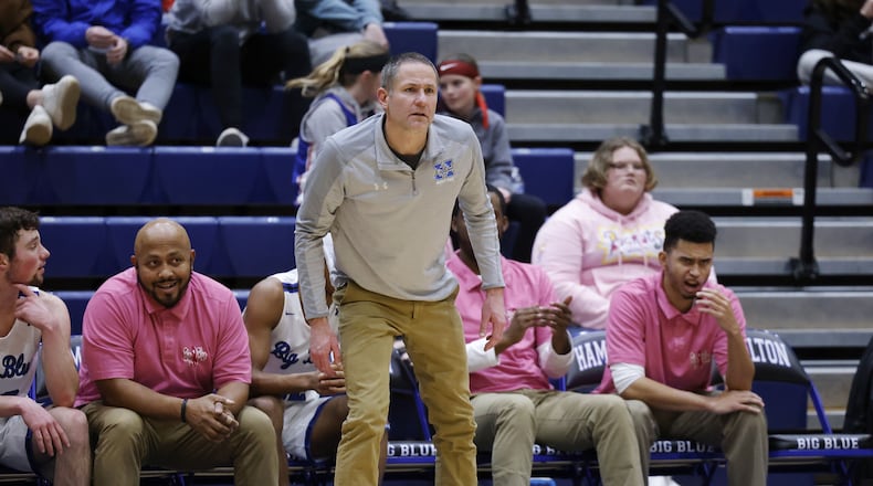 Hamilton head boys basketball coach Kevin Higgins cheers his team during their basketball game against Middletown Friday, Jan. 27, 2023 at Hamilton High School. Hamilton won 62-59. NICK GRAHAM/STAFF