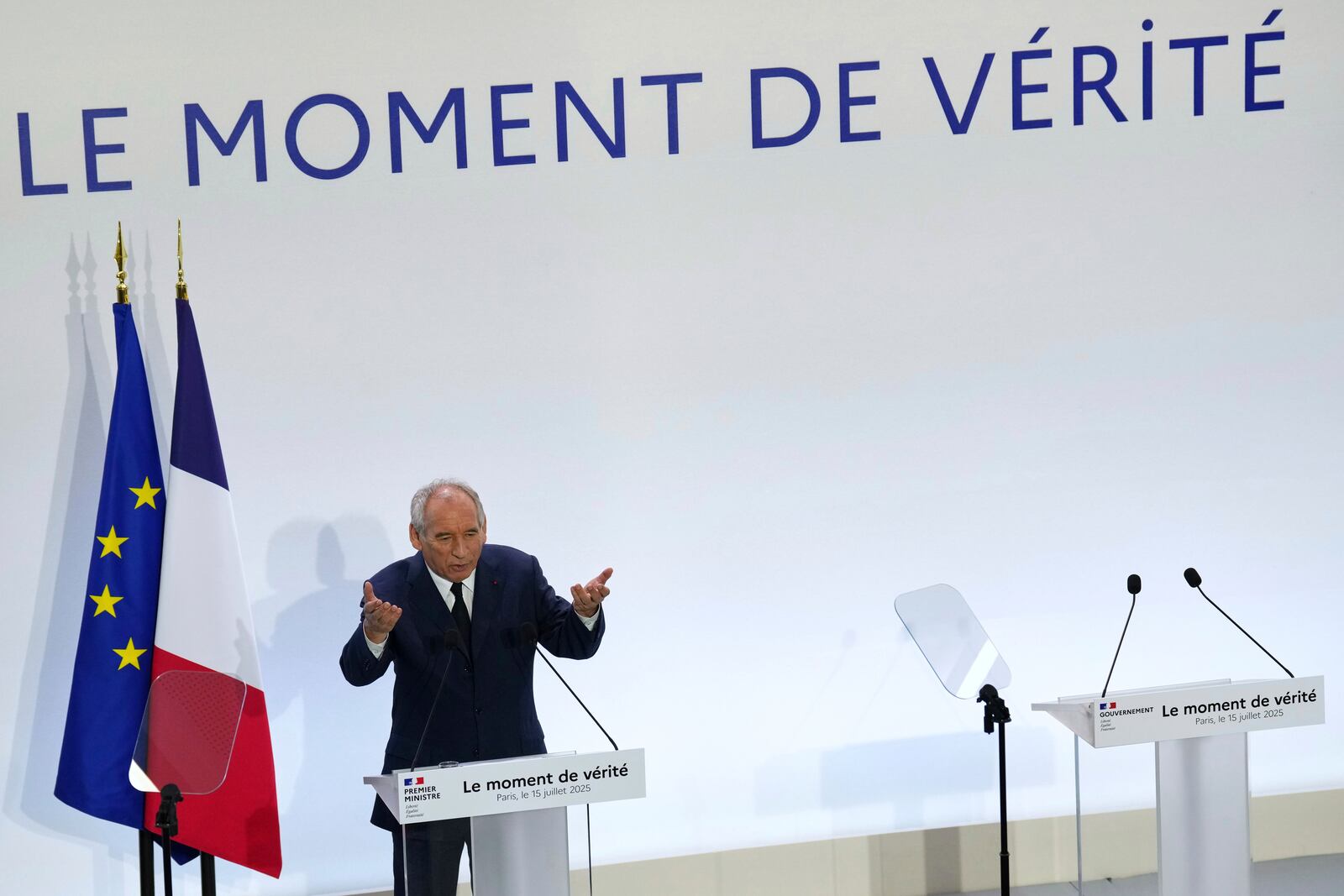French Prime Minister Francois Bayrou unveils plans for next year's budget, Tuesday, July 15, 2025 in Paris. (AP Photo/Aurelien Morissard)