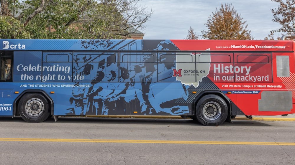 Miami University’s acclaimed role in America’s Civil Rights movement is now being showcased on wheels thanks to a newly decorated Butler County bus unveiled by school officials. Miami and Butler County transportation officials recently gathered to spotlight the uniquely decorated bus celebrating the university’s part in the freedom movement that transformed America for African Americans in the 1960s and beyond. (Provided)