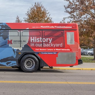 Miami University’s acclaimed role in America’s Civil Rights movement is now being showcased on wheels thanks to a newly decorated Butler County bus unveiled by school officials. Miami and Butler County transportation officials recently gathered to spotlight the uniquely decorated bus celebrating the university’s part in the freedom movement that transformed America for African Americans in the 1960s and beyond. (Provided)